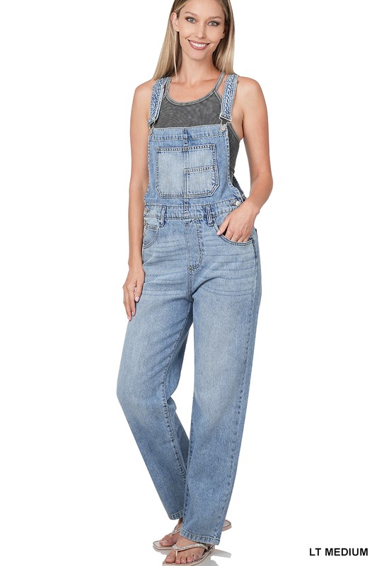 ZENANA LIGHT MEDIUM WASH DENIM OVERALLS - 6th Street Fashions and Footwear