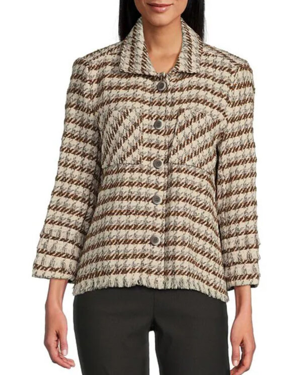 MULTIPLES PLAID FRINGE TRIM BUTTON JACKET - Image 3