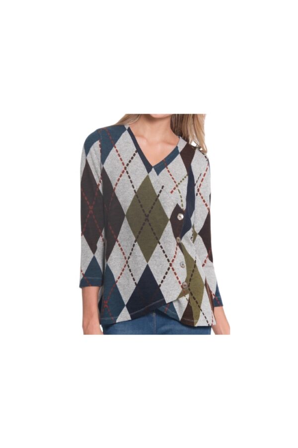 MULTIPLES ARGYLE OVERLAP FRONT SWEATER