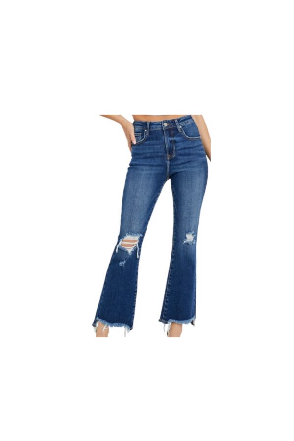 RISEN JEANS HIGH RISE DESTRUCTED CROP FLARE