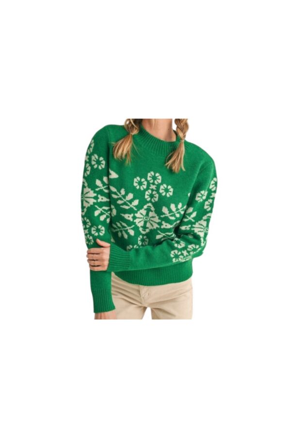 &MERCI GREEN MOCK NECK FLORAL SWEATER