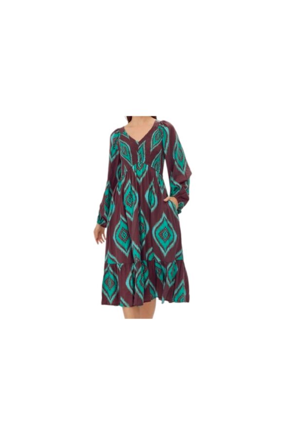 JODIFL BROWN & TURQUOISE SMOCKED BODICE DRESS