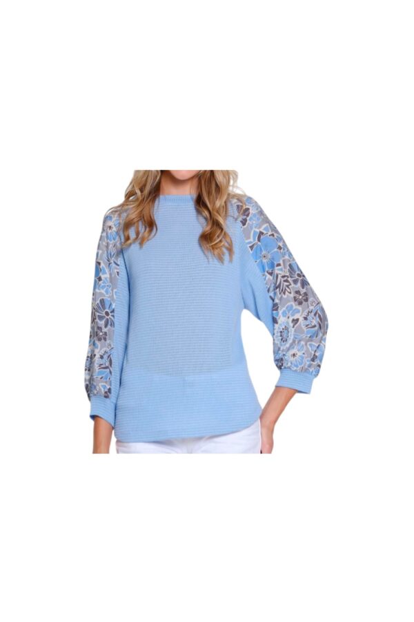 MULTIPLES RAGLAN PRINT SLEEVE WAFFLE KNIT TOP