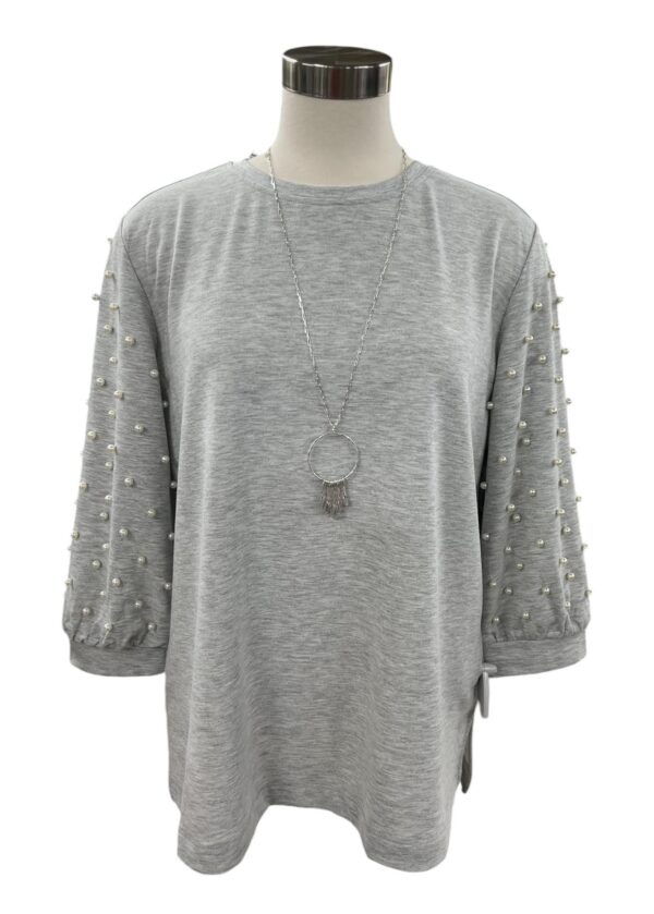 MULTIPLES SKY GREY PEARL EMBELLISHED TOP - Image 6