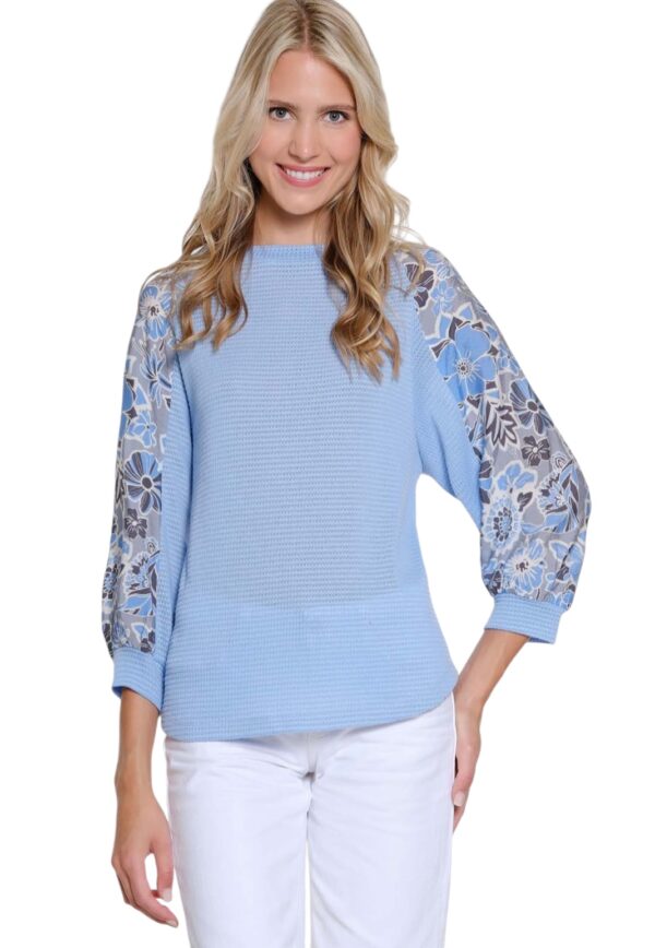 MULTIPLES RAGLAN PRINT SLEEVE WAFFLE KNIT TOP - Image 2