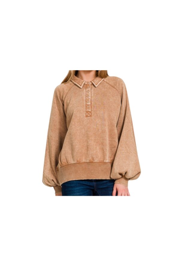 ZENANA ACID WASH PUFF SLEEVE HENLEY SWEATSHIRT