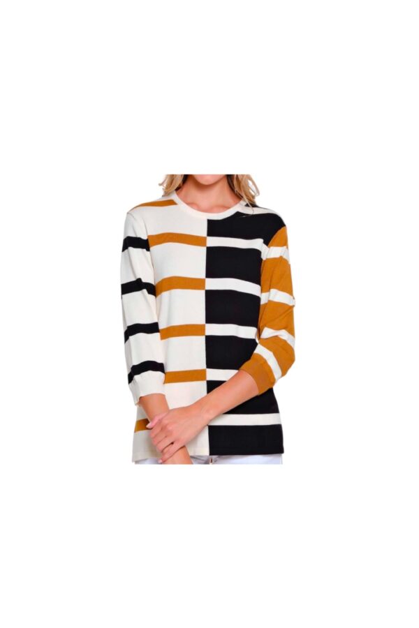 MULTIPLES 3/4 SLEEVE JEWEL NECK STRIPED SWEATER