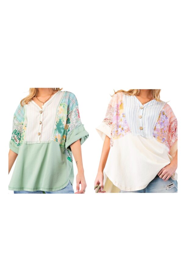 EASEL SHORT SLEEVE MIX PRINT HENLEY TUNIC TOP