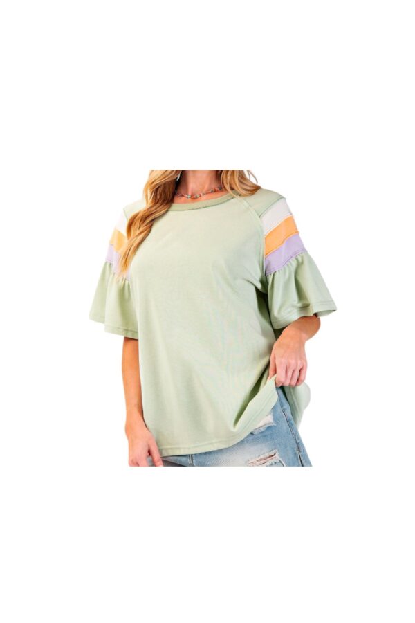 EASEL COLOR BLOCK RUFFLE SLEEVE TOP