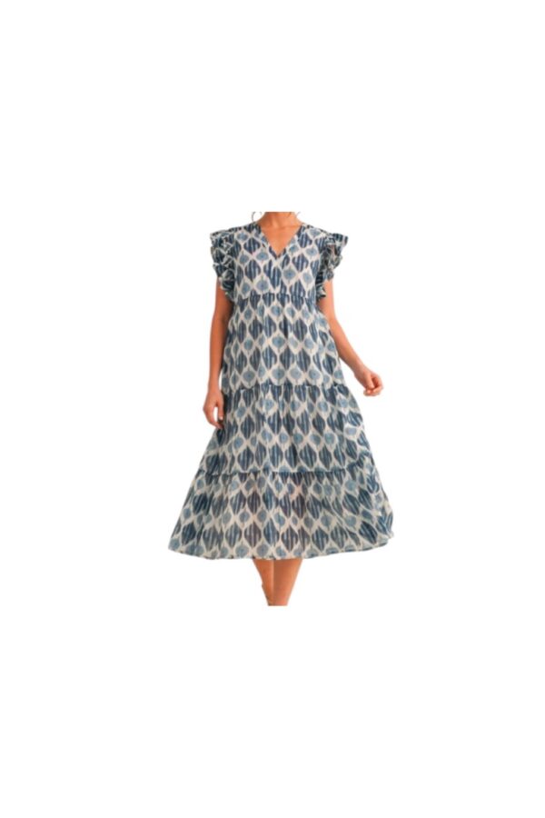 JODIFL GEO PRINT RUFFLE SLEEVE MIDI DRESS