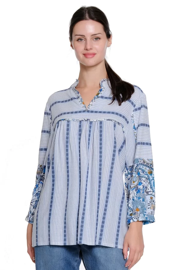 TRU LUXE MIXED STRIPE/PRINT NOTCH NECK TOP - Image 3