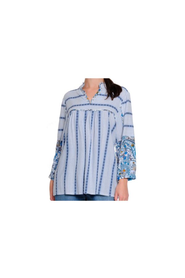 TRU LUXE MIXED STRIPE/PRINT NOTCH NECK TOP