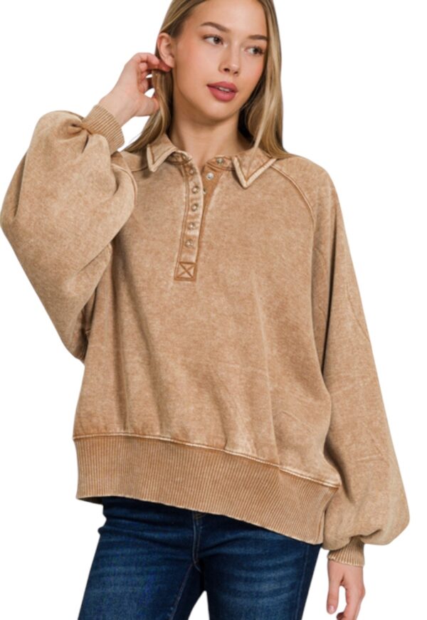 ZENANA ACID WASH PUFF SLEEVE HENLEY SWEATSHIRT - Image 4