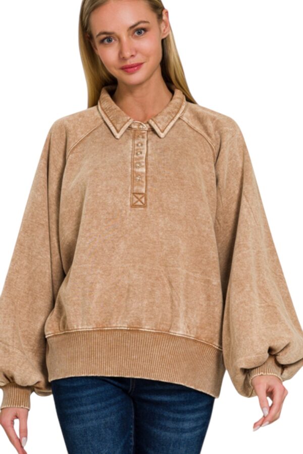 ZENANA ACID WASH PUFF SLEEVE HENLEY SWEATSHIRT - Image 2