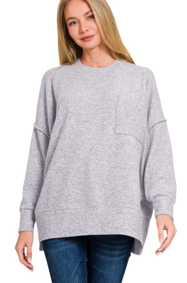 ZENANA BRUSHED MELANGE OVERSIZED POCKET SWEATER - Image 3