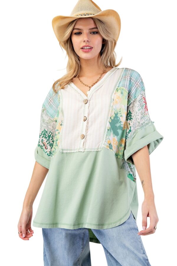 EASEL SHORT SLEEVE MIX PRINT HENLEY TUNIC TOP - Image 9