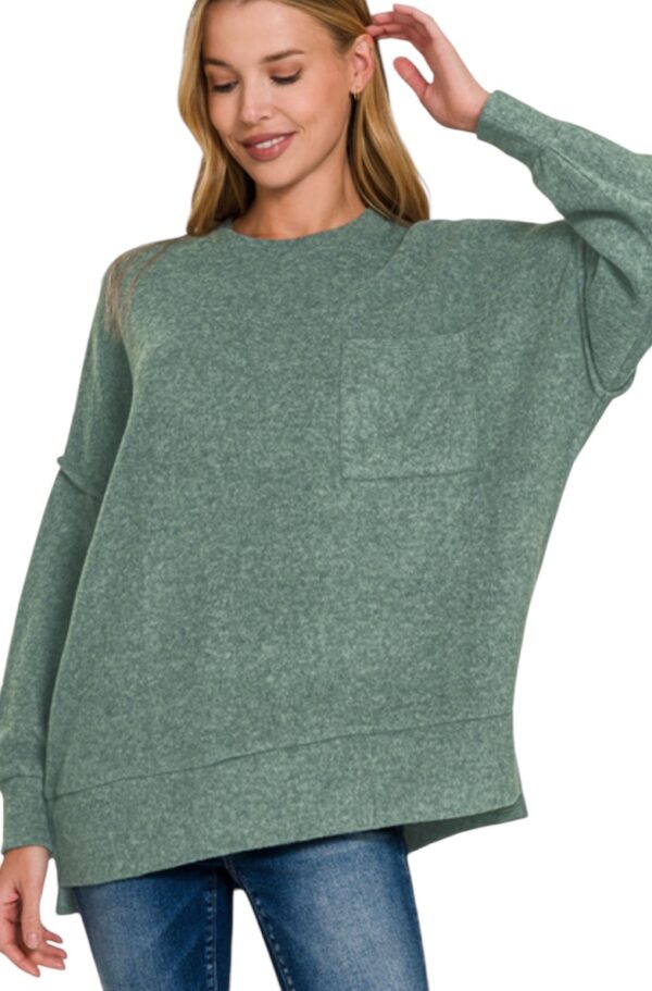 ZENANA BRUSHED MELANGE OVERSIZED POCKET SWEATER - Image 2