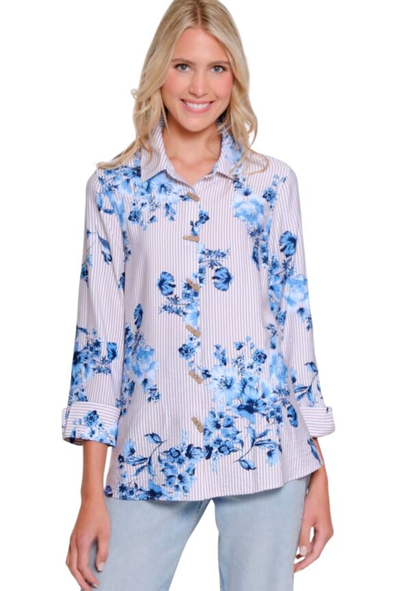 MULTIPLES STRIPE/FLORAL CUFF SLEEVE BLOUSE - Image 2