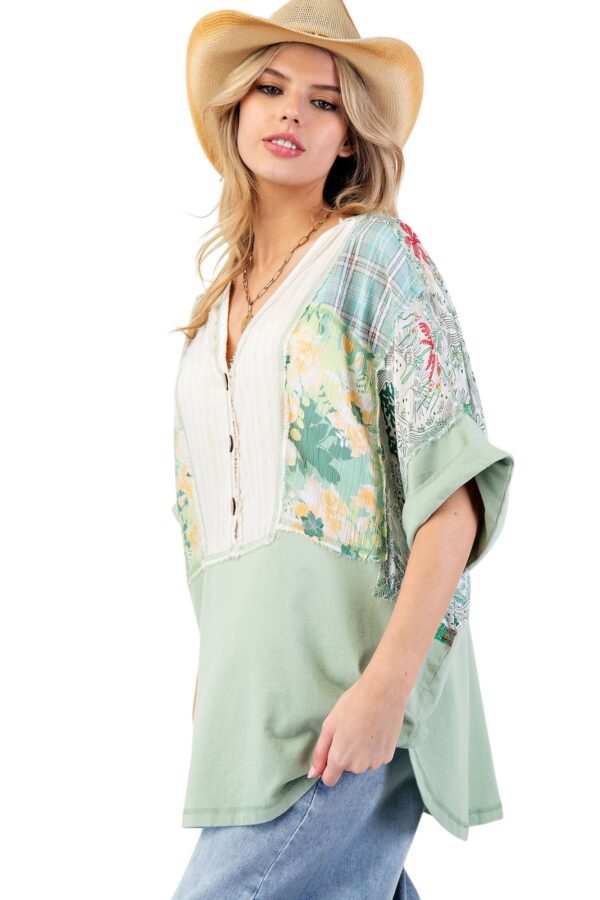 EASEL SHORT SLEEVE MIX PRINT HENLEY TUNIC TOP - Image 7