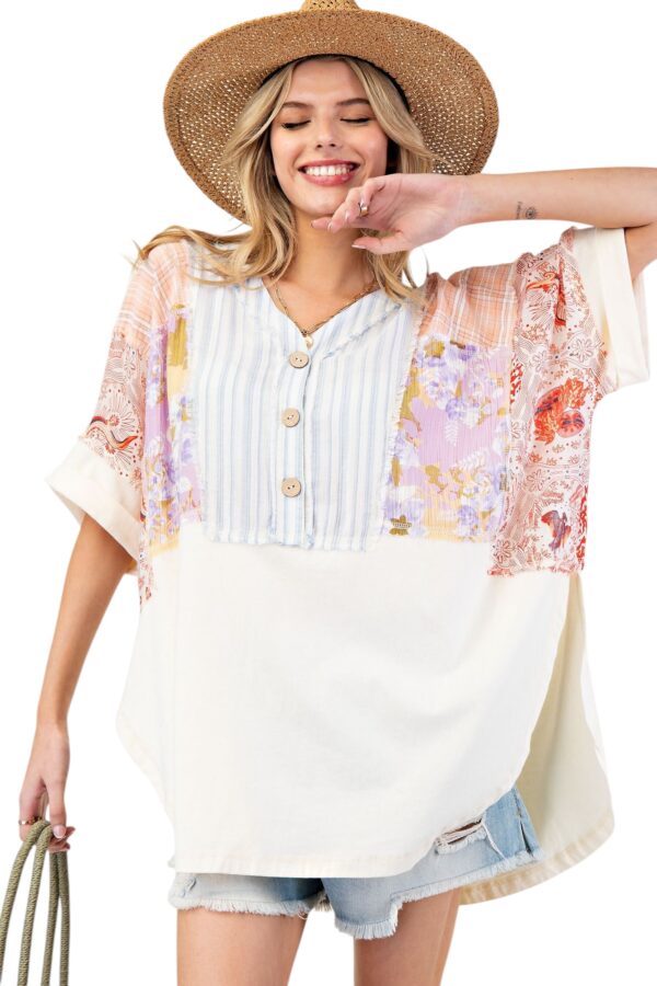 EASEL SHORT SLEEVE MIX PRINT HENLEY TUNIC TOP - Image 5