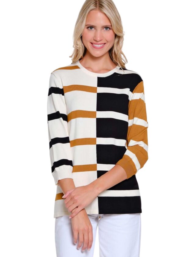 MULTIPLES 3/4 SLEEVE JEWEL NECK STRIPED SWEATER - Image 2