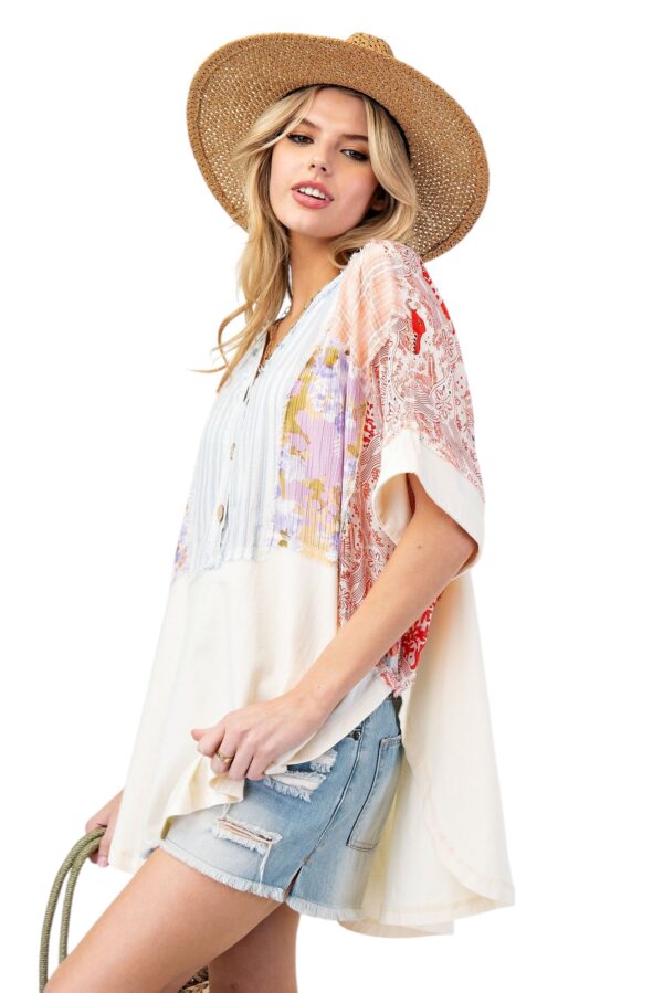 EASEL SHORT SLEEVE MIX PRINT HENLEY TUNIC TOP - Image 4