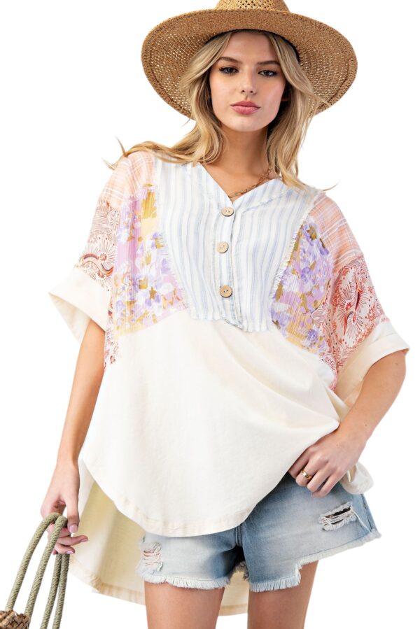 EASEL SHORT SLEEVE MIX PRINT HENLEY TUNIC TOP - Image 2