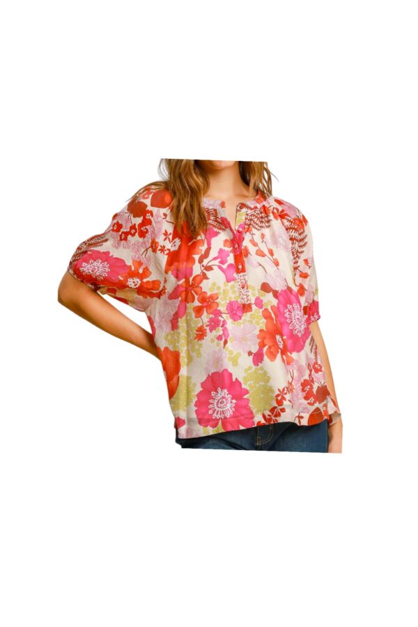 UMGEE LINED FLORAL BUTTON FRONT SHORT SLEEVE TOP