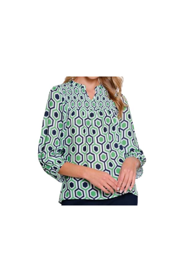 MULTIPLES GREEN/NAVY SMOCKED WOVEN TOP