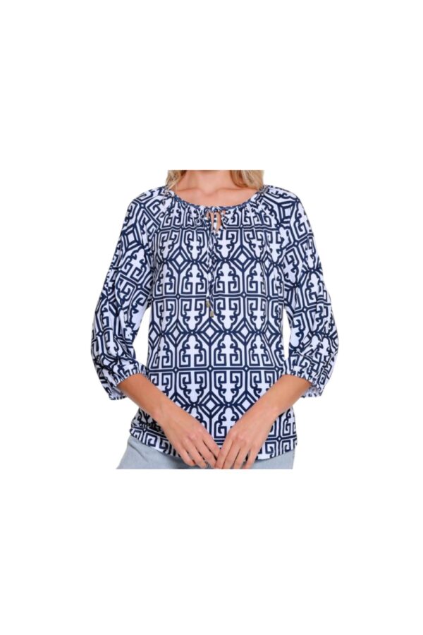 MULTIPLES 3/4 SLEEVE NAVY PRINT PEASANT TOP