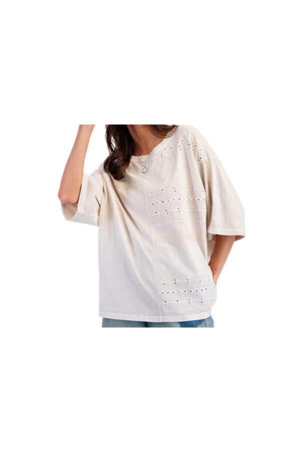 EASEL SHORT SLEEVE EMBROIDERED/LACE MIX TOP