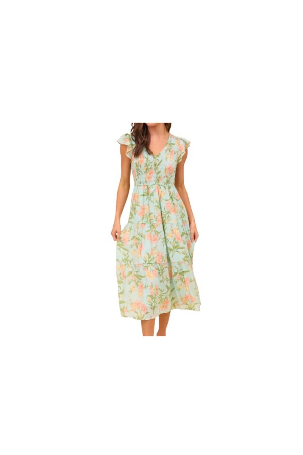 BLUPEPPER SMOCKED V-NECK FLORAL MIDI DRESS