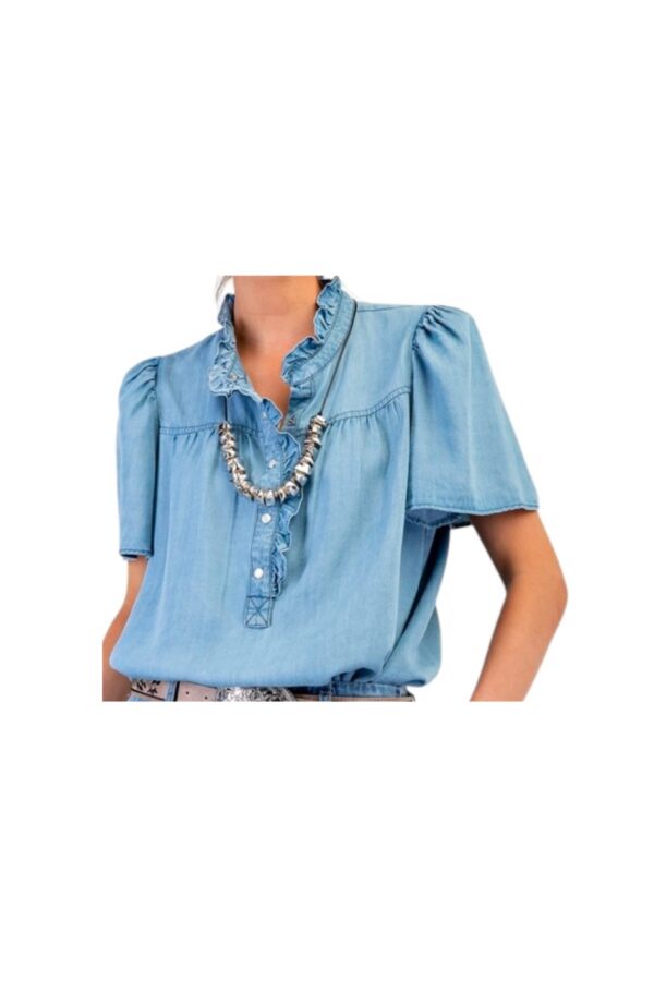 EASEL RUFFLE TRIM SNAP FRONT CHAMBRAY SHIRT