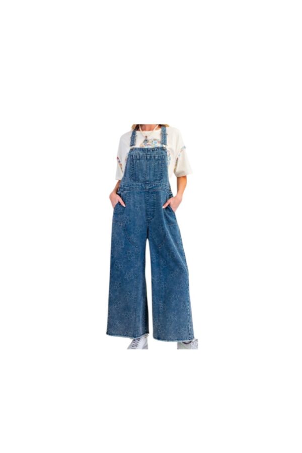 EASEL FLOWER PATTERN DENIM OVERALLS