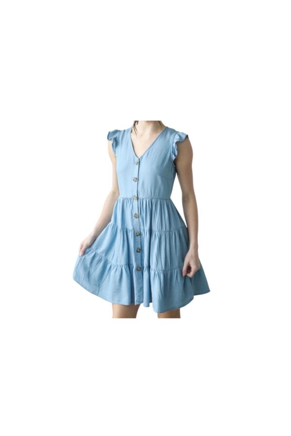 BLUPEPPER V-NECK BUTTON DOWN CHAMBRAY MINI DRESS