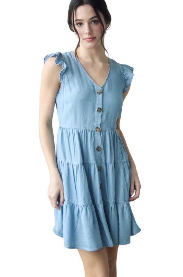 BLUPEPPER V-NECK BUTTON DOWN CHAMBRAY MINI DRESS - Image 5