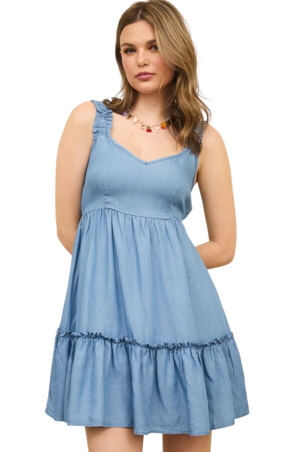 BLUPEPPER RUFFLE HEM CHAMBRAY MINI DRESS - Image 5