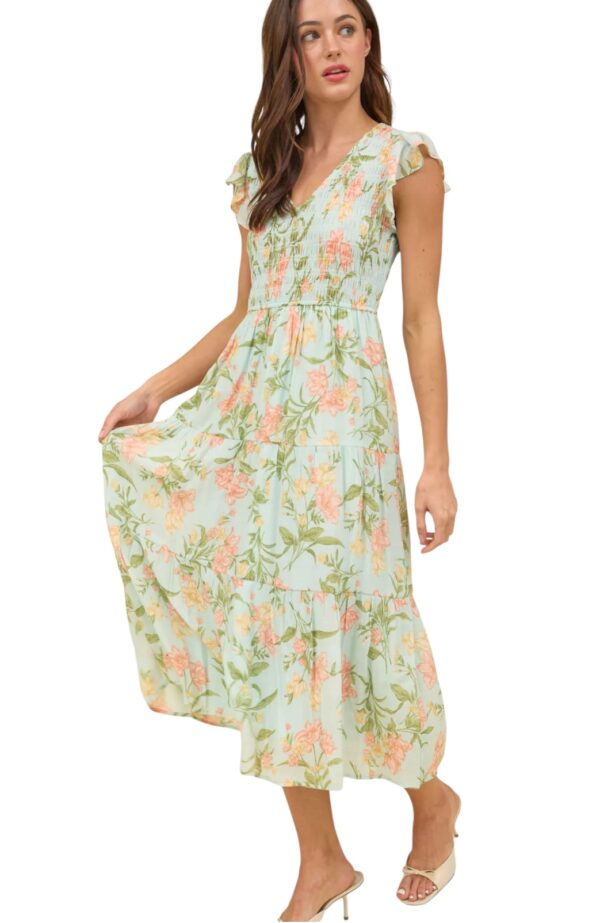 BLUPEPPER SMOCKED V-NECK FLORAL MIDI DRESS - Image 4