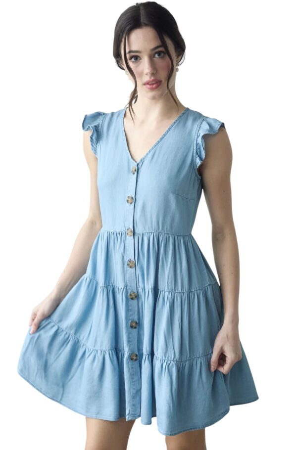 BLUPEPPER V-NECK BUTTON DOWN CHAMBRAY MINI DRESS - Image 3