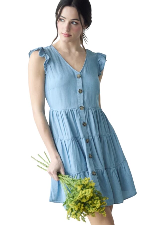 BLUPEPPER V-NECK BUTTON DOWN CHAMBRAY MINI DRESS - Image 2