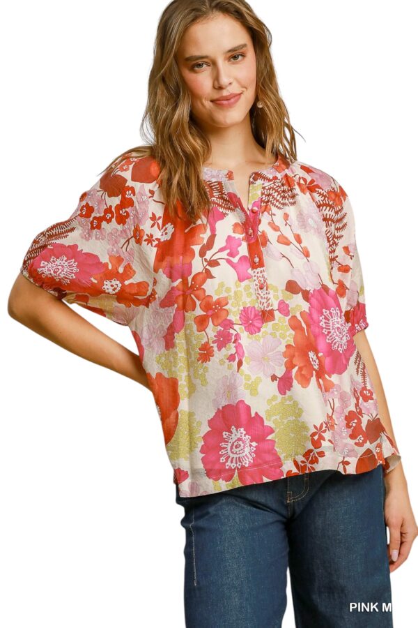 UMGEE LINED FLORAL BUTTON FRONT SHORT SLEEVE TOP - Image 2