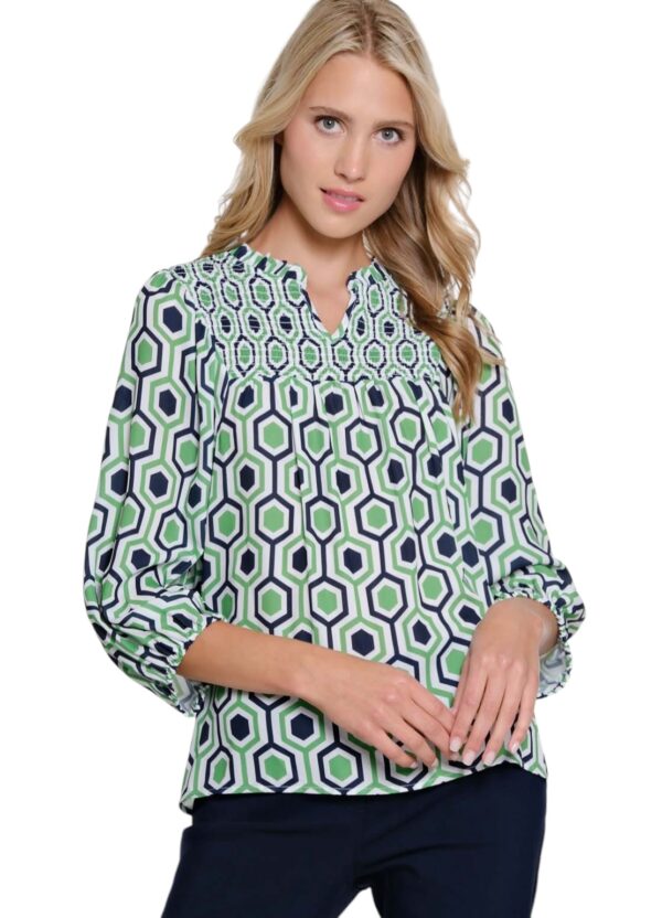 MULTIPLES GREEN/NAVY SMOCKED WOVEN TOP - Image 2