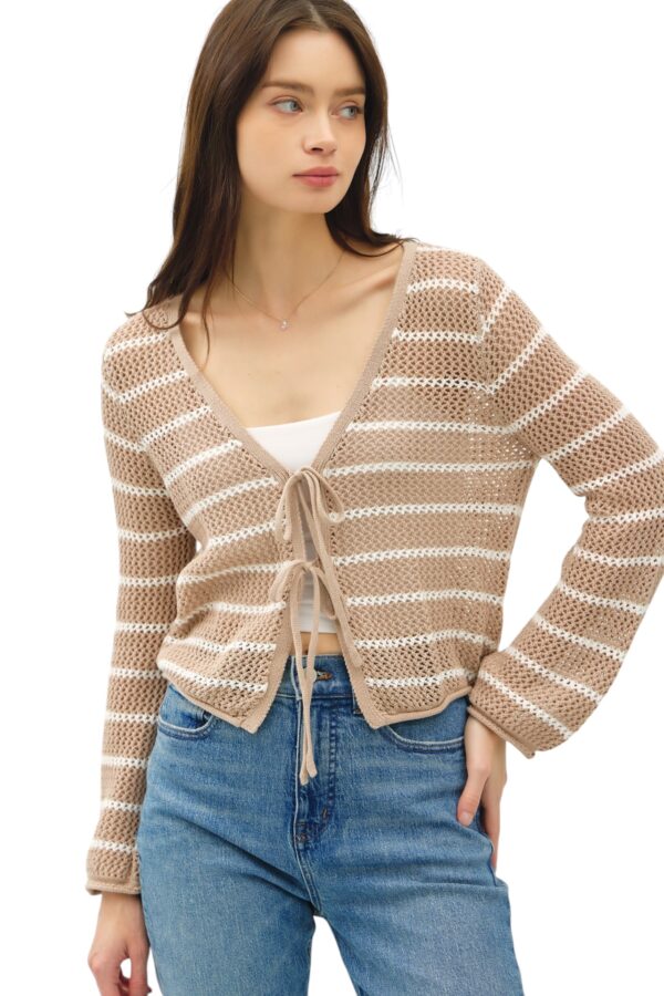 BE COOL CROCHET KNIT LONG SLEEVE TIE FRONT SWEATER - Image 2