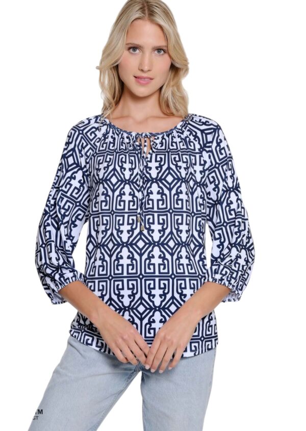 MULTIPLES 3/4 SLEEVE NAVY PRINT PEASANT TOP - Image 2